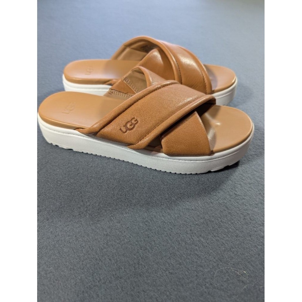 UGG Women's Tan Leather Crisscross Platform Slide Sandals Size 8